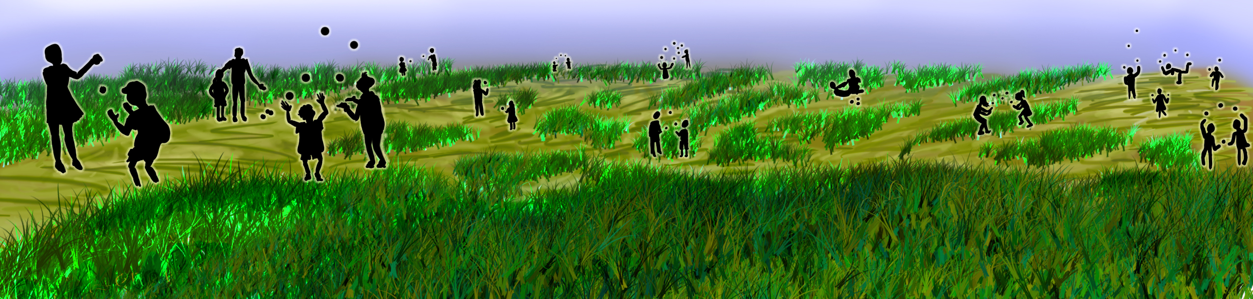 Artwork showing silhouettes of children and adults on a green, grassy hill with a blue/grey sky in the background. Groups of black circles are nearby and between them.